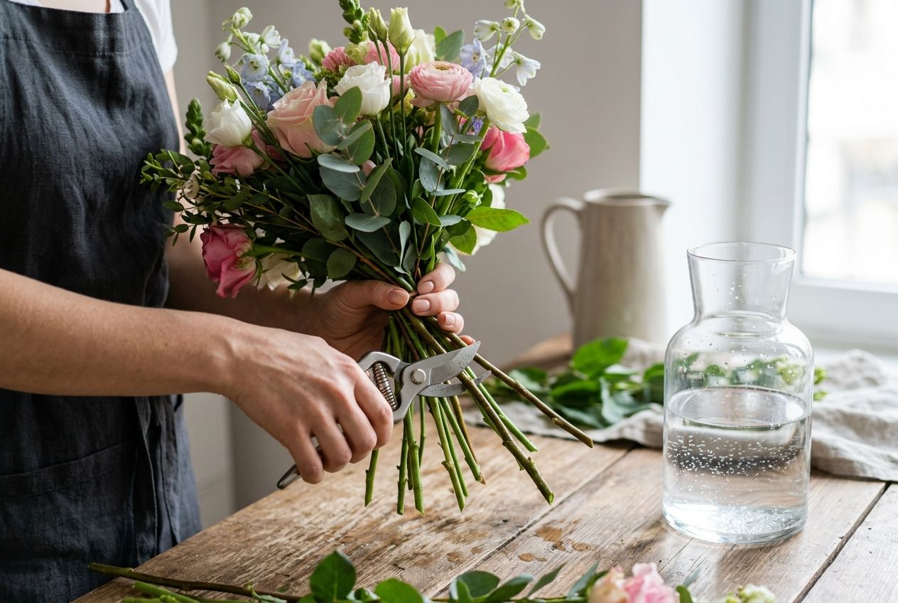 Floristas kerpa puokštės stiebus prieš merkdamas į vandenį
